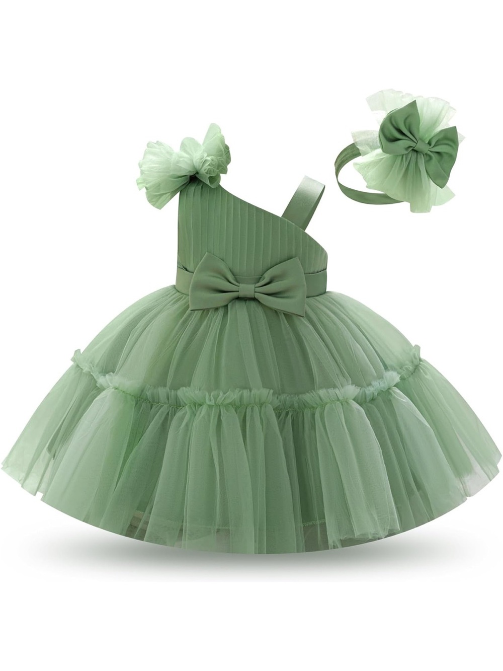 Green Tulle One-Shoulder Flower Girl Dress with Headband
